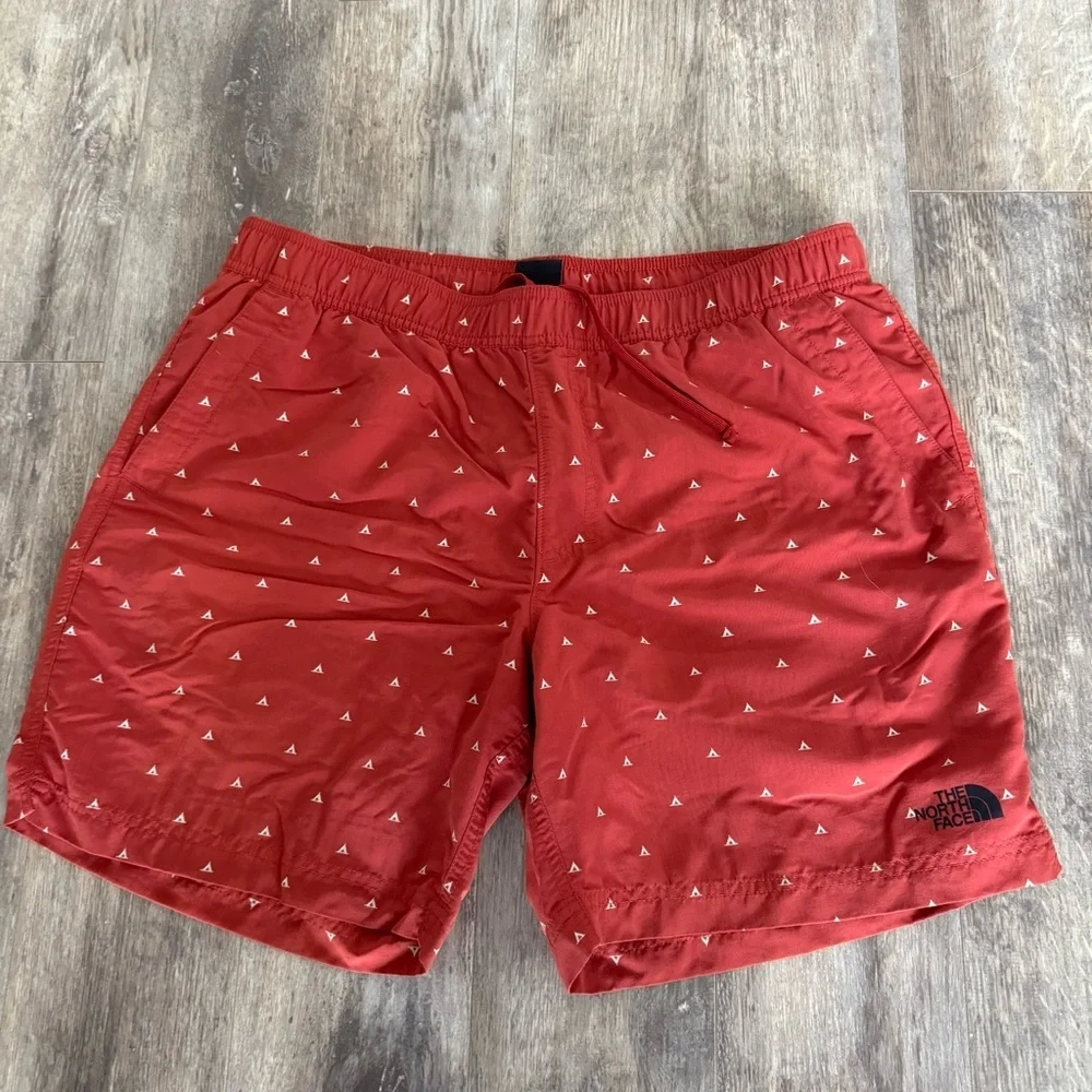 The North Face Men's Red Swim Trunks with Triangle Pattern